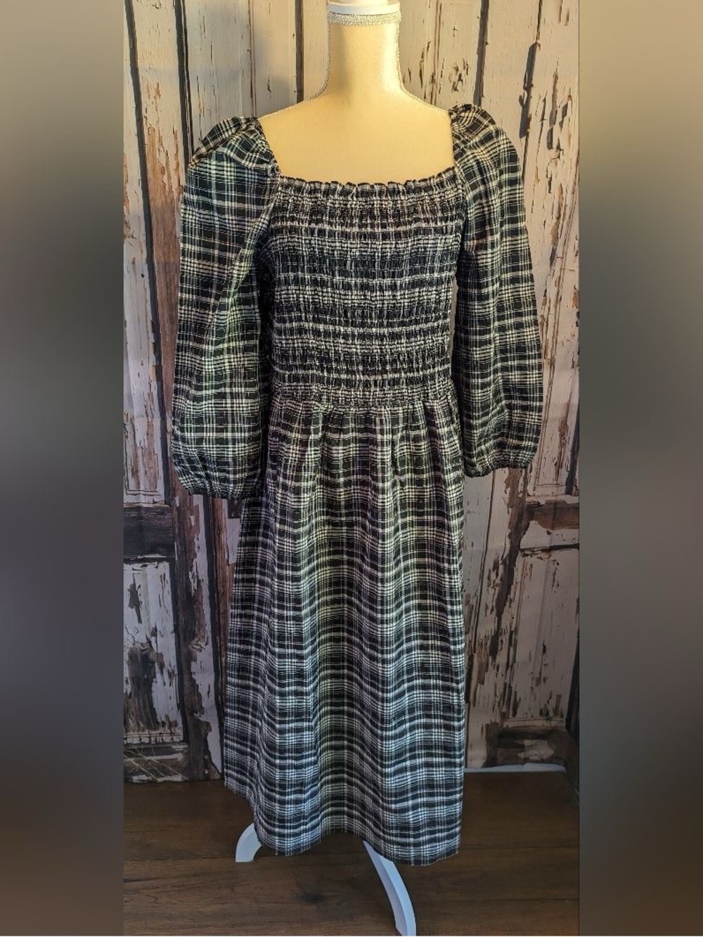 Smocked Plaid Midi Dress in Black and Cream